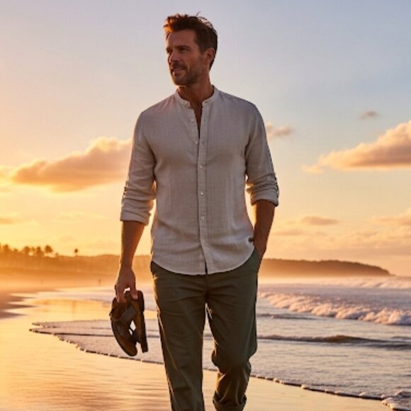 Le 31 Par Simons Men's XXL Oatmeal Mandarin Collar Button Down 100% Linen Shirt - Picture 1 of 14